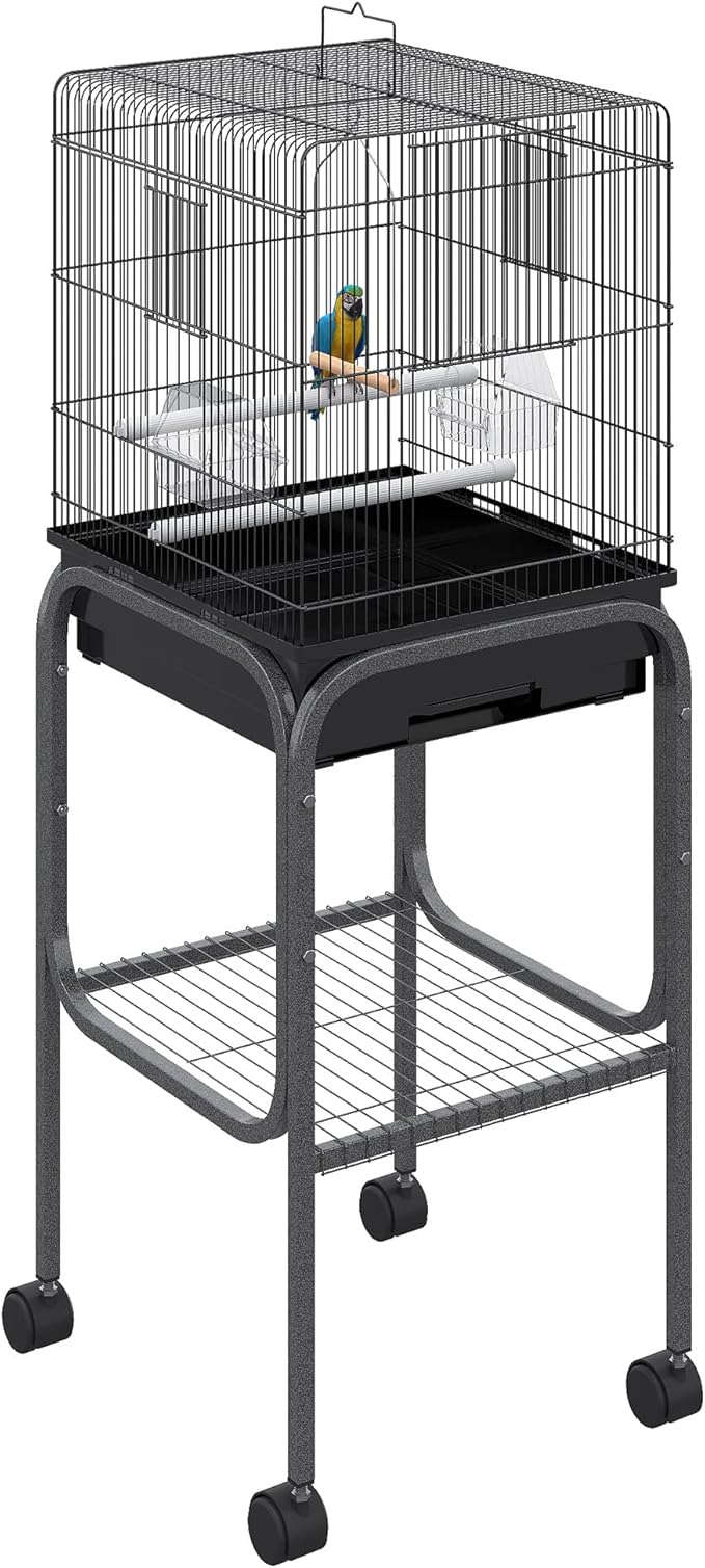Pawhut 45-inch Metal Indoor Bird Cage, Parrot Cage, Bird Aviary with Detachable Rolling Stand, Storage Basket, and Accessories - Black