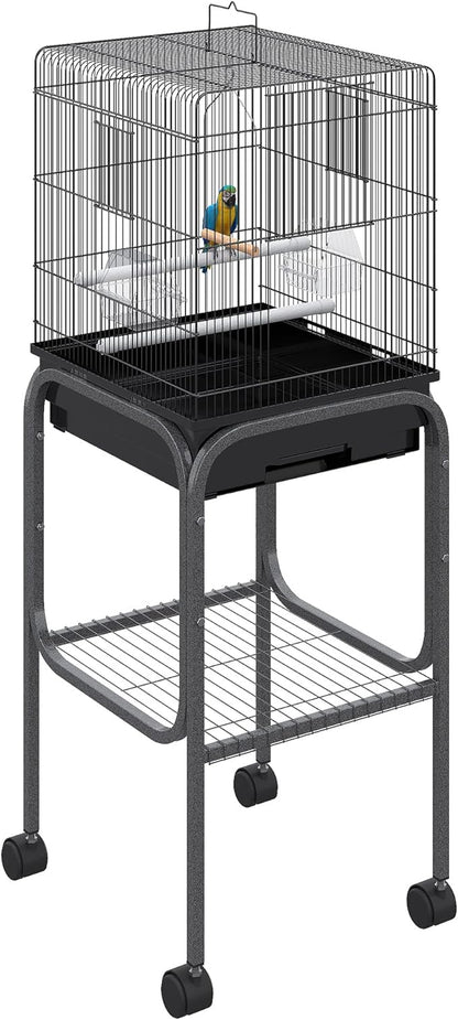 Pawhut 45-inch Metal Indoor Bird Cage, Parrot Cage, Bird Aviary with Detachable Rolling Stand, Storage Basket, and Accessories - Black