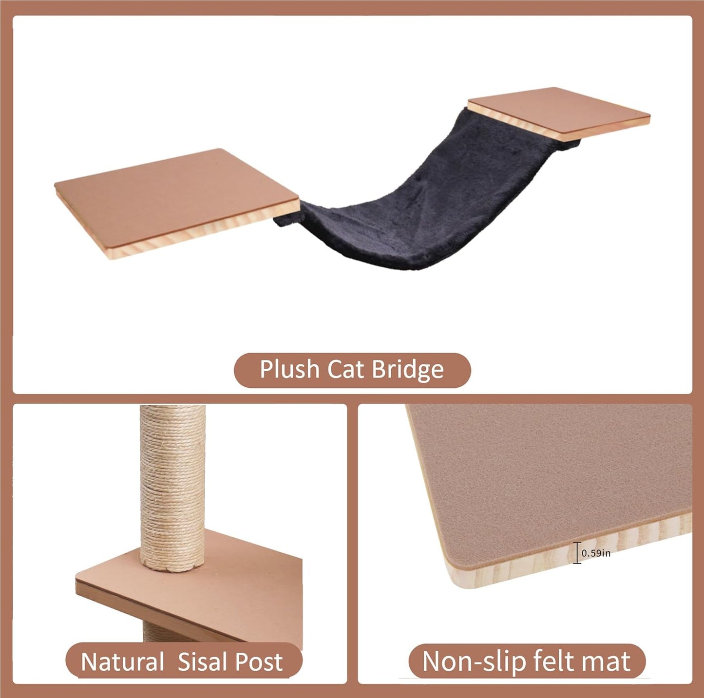 Wall Mounted Cat Climber Set, Solid Wood Cat Wall Shelves with Scratching Post,Hammock,Jumping Boards,Steps,Condo and Felt Pads, Suit for Cats Climb, Jump, Nap, Scratch-Dark
