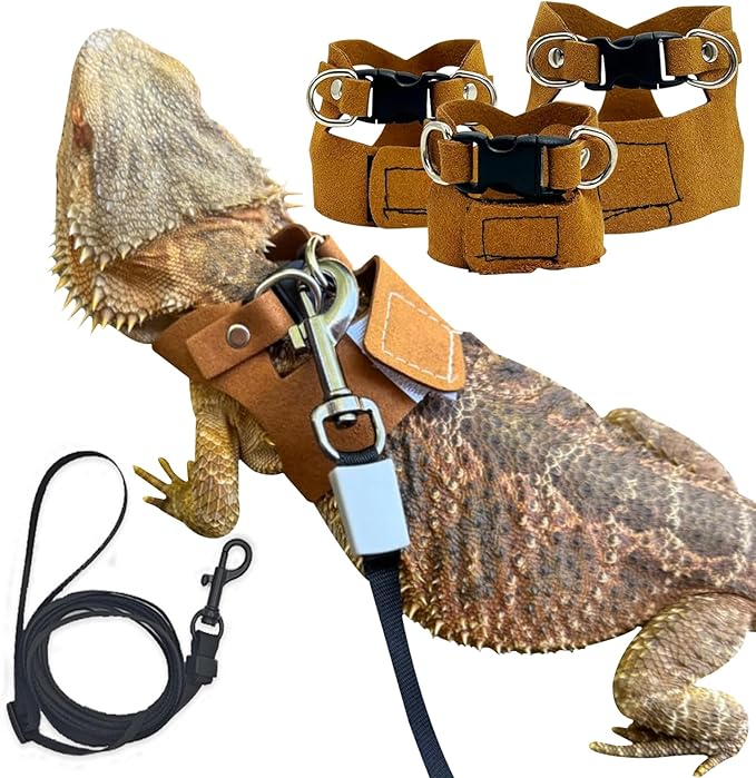 3 Pack Bearded Dragon Harness Leash Set Adjustable Soft Suede Leather Vest Harness with Retractable Leash, Small Animal Outdoor Walking Vest with Traction Rope