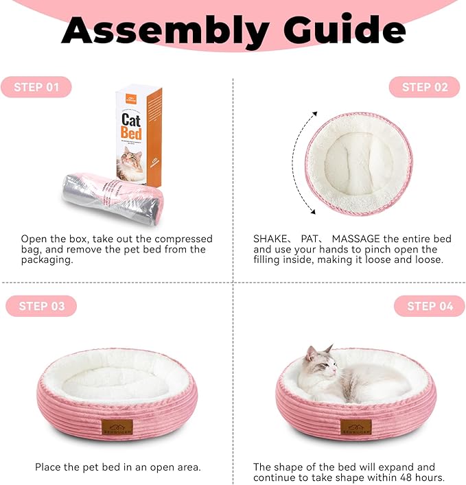 20in Washable Cat Beds for Indoor Cats - Round Donut Pet Bed for Cats, Small Dogs, Puppy, Kitten - Anti-Slip Bottom, Calming Bed Gift - Pink