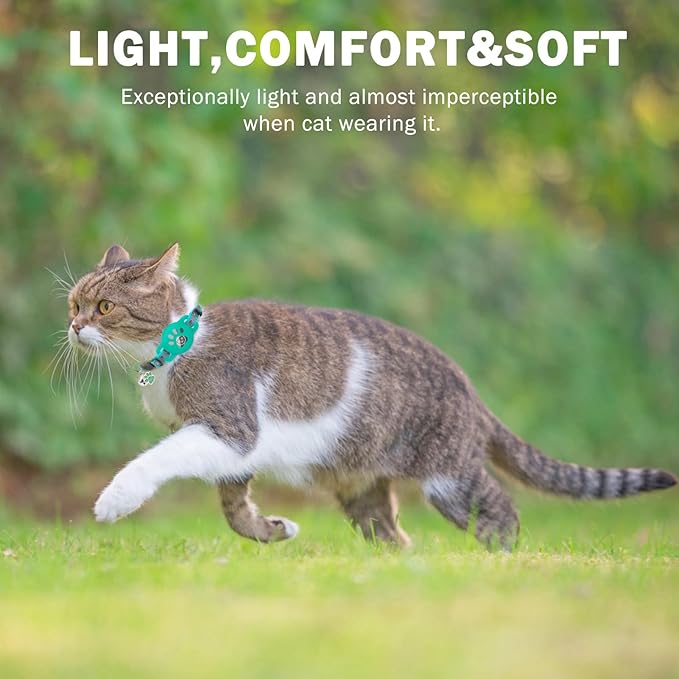 Airtag Cat Collar Breakaway, Reflective Kitten Collar with Bell and Apple Air Tag Holder, GPS Cute Cat Collar, Glow in The Dark Pet Collars for Boy Girl Cats, Kittens, Puppies, Aqua