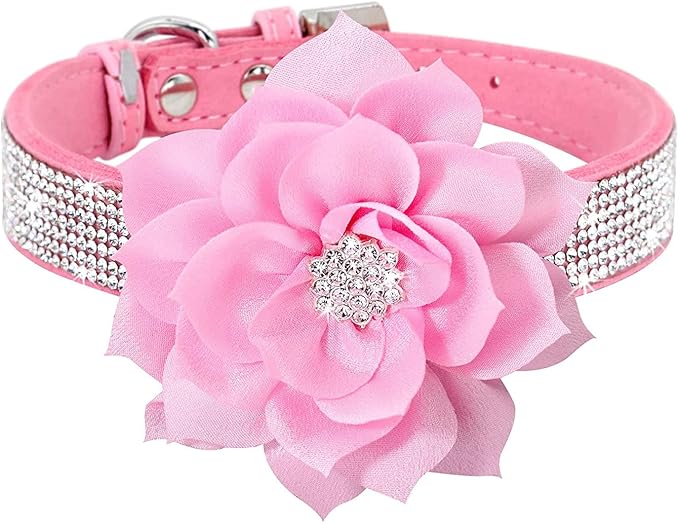 Rhinestone Dog Collar, Cute Dazzling Sparkling Soft Suede Leather Adjustable Pet Dog Cat Collar Crystal Diamond for Puppy Small Medium Large Dogs (L:38-46cm, Pink-6)