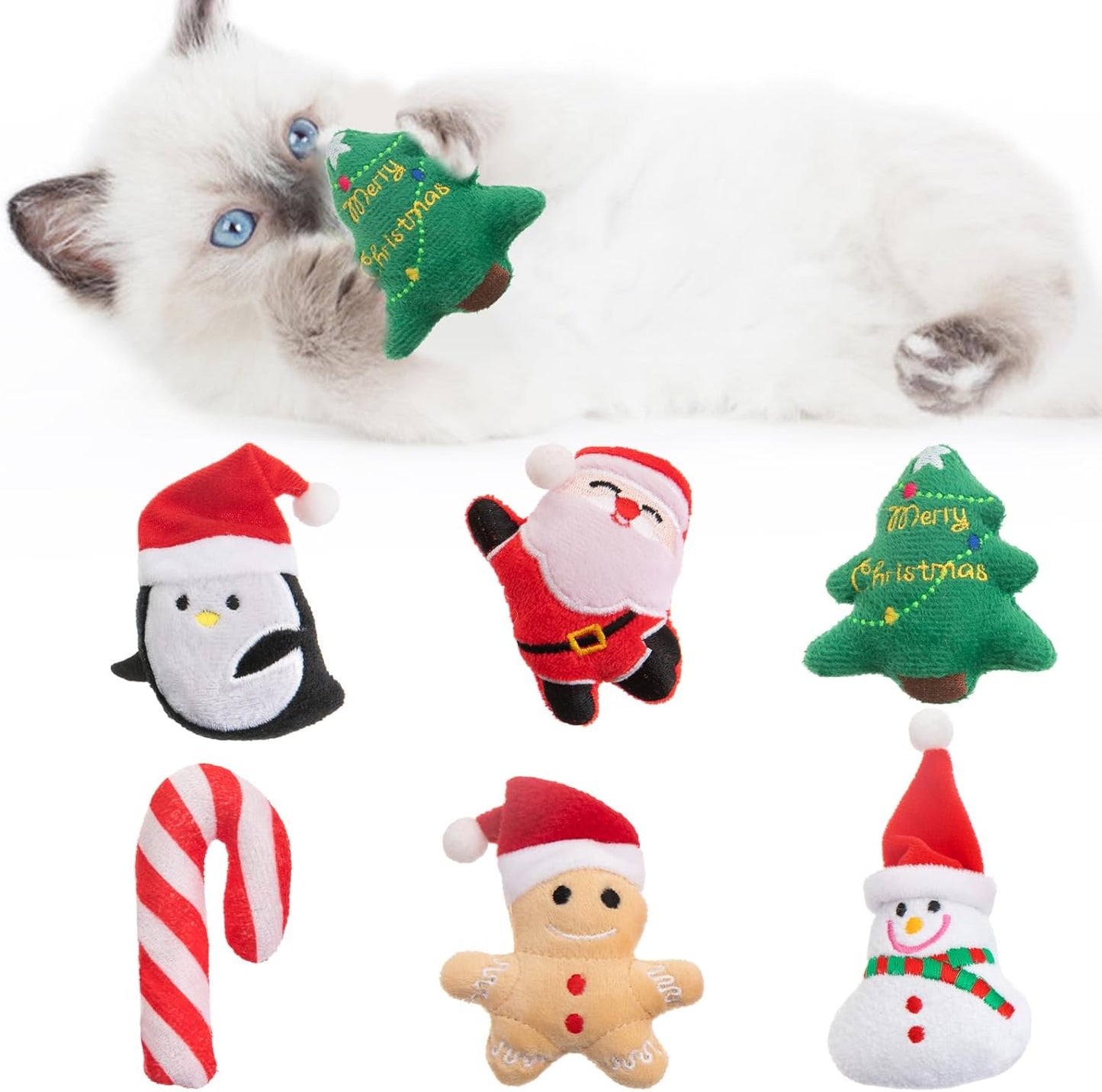 6pcs Christmas Catnip Toy，Indoor Santa Claus Snowman Tree Shaped Cat Toy Plush Interactive Chew Bite Toys for Cat Kitten Indoor Festive Holiday Cat Lover Gift