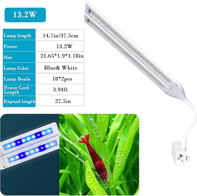 LED Aquarium Light Full Spectrum Clip Fish Tank Light Plants Light 360° Adjustable 2 Light Bar Super-Bright 13.2W Suitable for 20-75 Gal Fish Tank