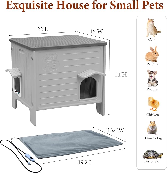 Heated Cat House for Outside Weatherpoof Plastic Cats Houses Outdoor with Escape Door Indoor Waterproof Feral/Pet Cat Shelter for Puppy, Rabbit(Grey)