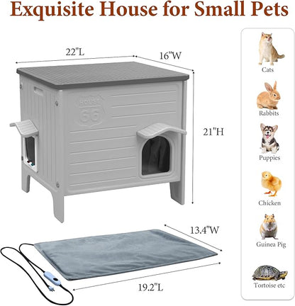 Heated Cat House for Outside Weatherpoof Plastic Cats Houses Outdoor with Escape Door Indoor Waterproof Feral/Pet Cat Shelter for Puppy, Rabbit(Grey)