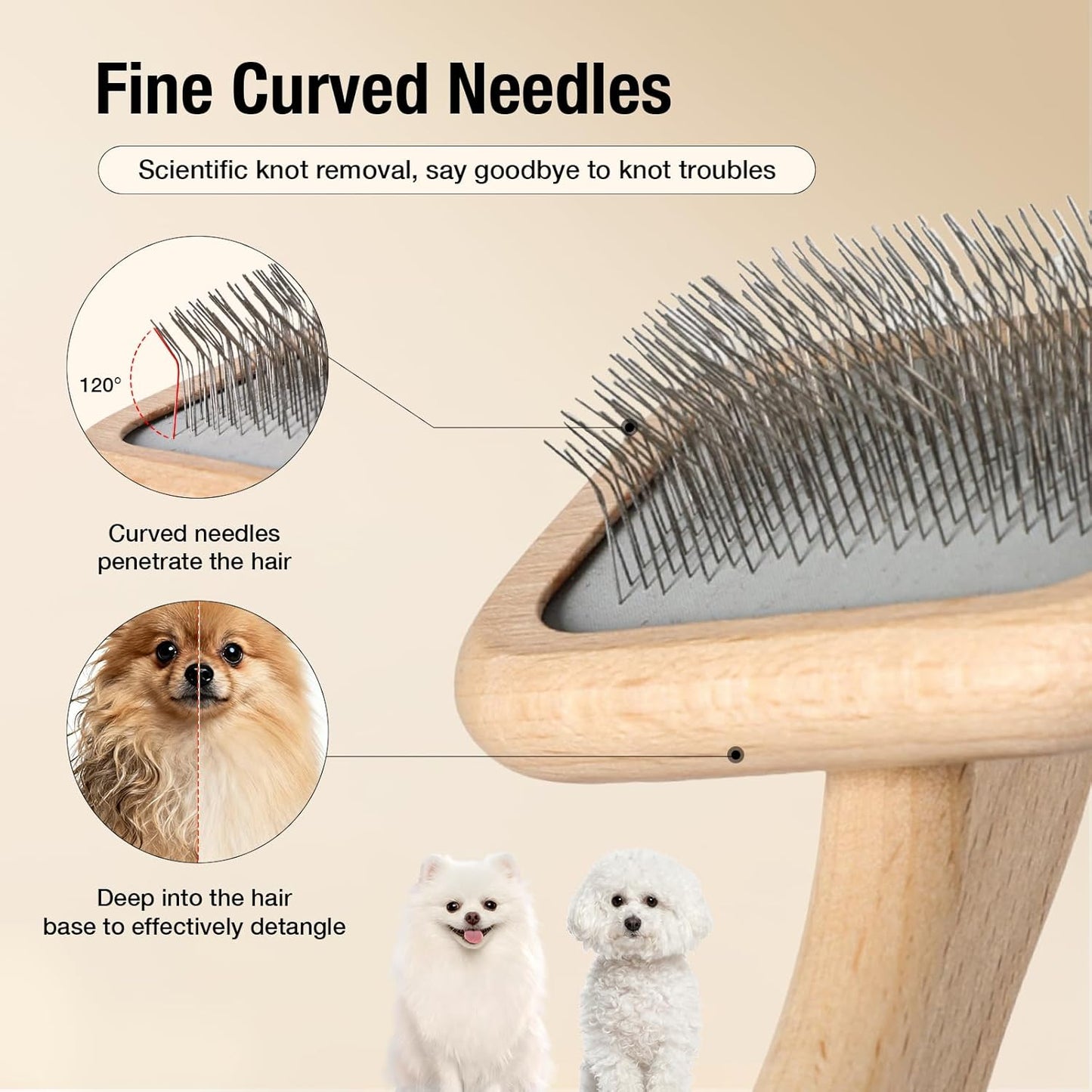 UTEE Slicker Brush for Long-Haired Cats & Small Dog (Pomeranians, Bichons, Shih Tzus, Ragdoll & Persian Cats) Gentle Grooming Tool with Stainless Steel Curved Pins & Ergonomic Beech Wood Handle