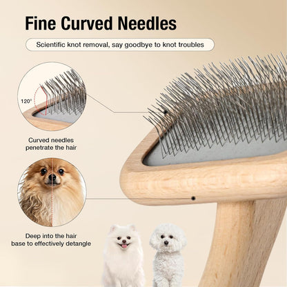 UTEE Slicker Brush for Long-Haired Cats & Small Dog (Pomeranians, Bichons, Shih Tzus, Ragdoll & Persian Cats) Gentle Grooming Tool with Stainless Steel Curved Pins & Ergonomic Beech Wood Handle