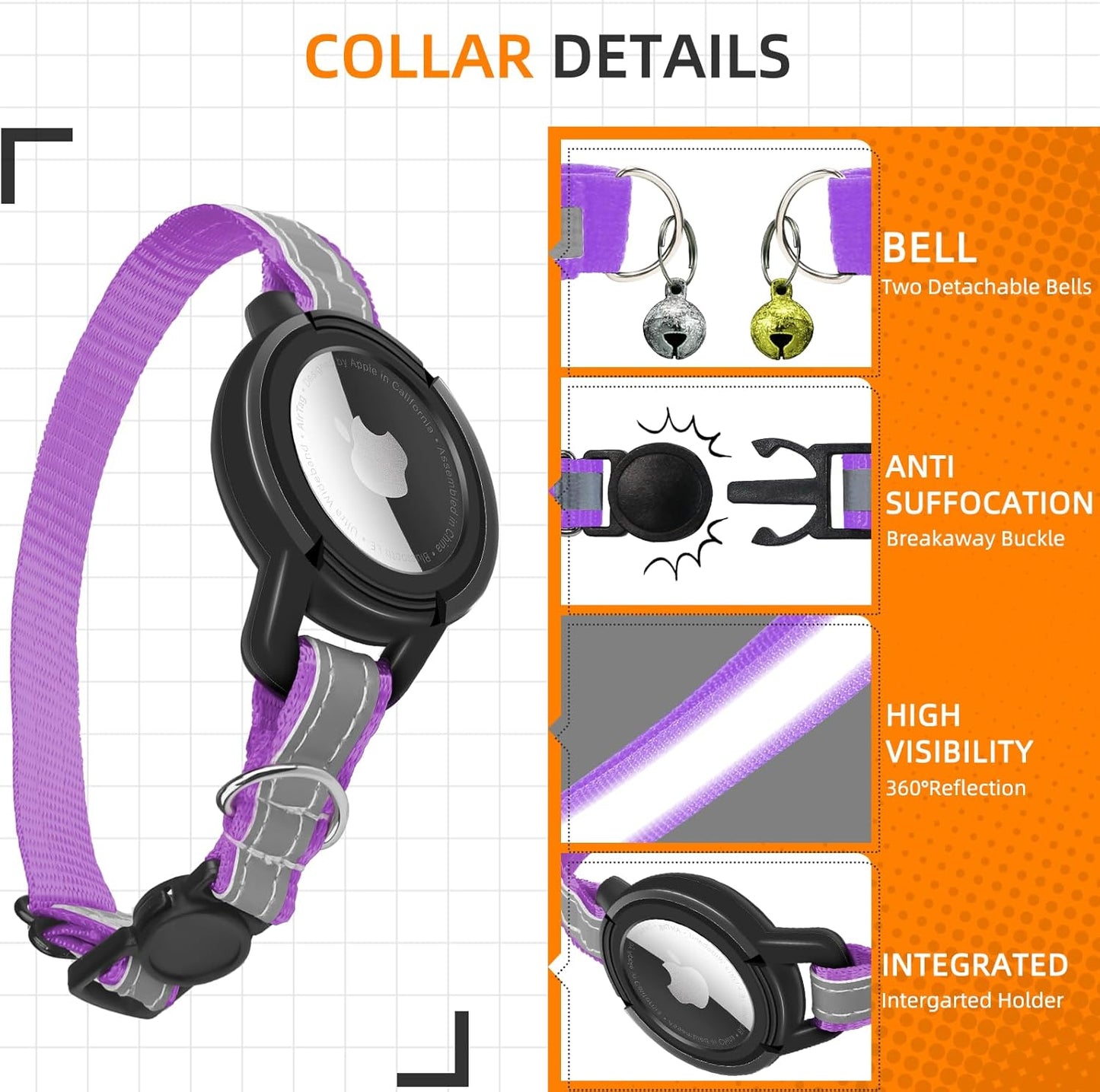 Airtag Cat Collar Breakaway, Odokele Reflective Cats Collars with Apple Air Tag Holder for Kitten, Cat GPS Tracker Adjustable Collars with Safety Quick Release Buckle for Kitties and Puppies - Purple