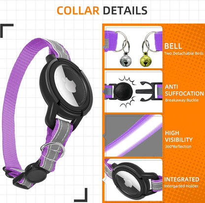 Airtag Cat Collar Breakaway, Odokele Reflective Cats Collars with Apple Air Tag Holder for Kitten, Cat GPS Tracker Adjustable Collars with Safety Quick Release Buckle for Kitties and Puppies - Purple
