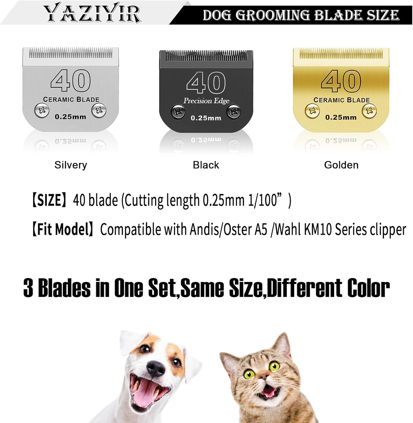 3 Color 40# Detachable Pet Dog Grooming Ceramic Blades,Compatible with Andis,Oster A5,Wahl KM-10 Series,Size #40 Blade 1/100-Inch 0.25MM Cut Length（Silver+Black+Golden）
