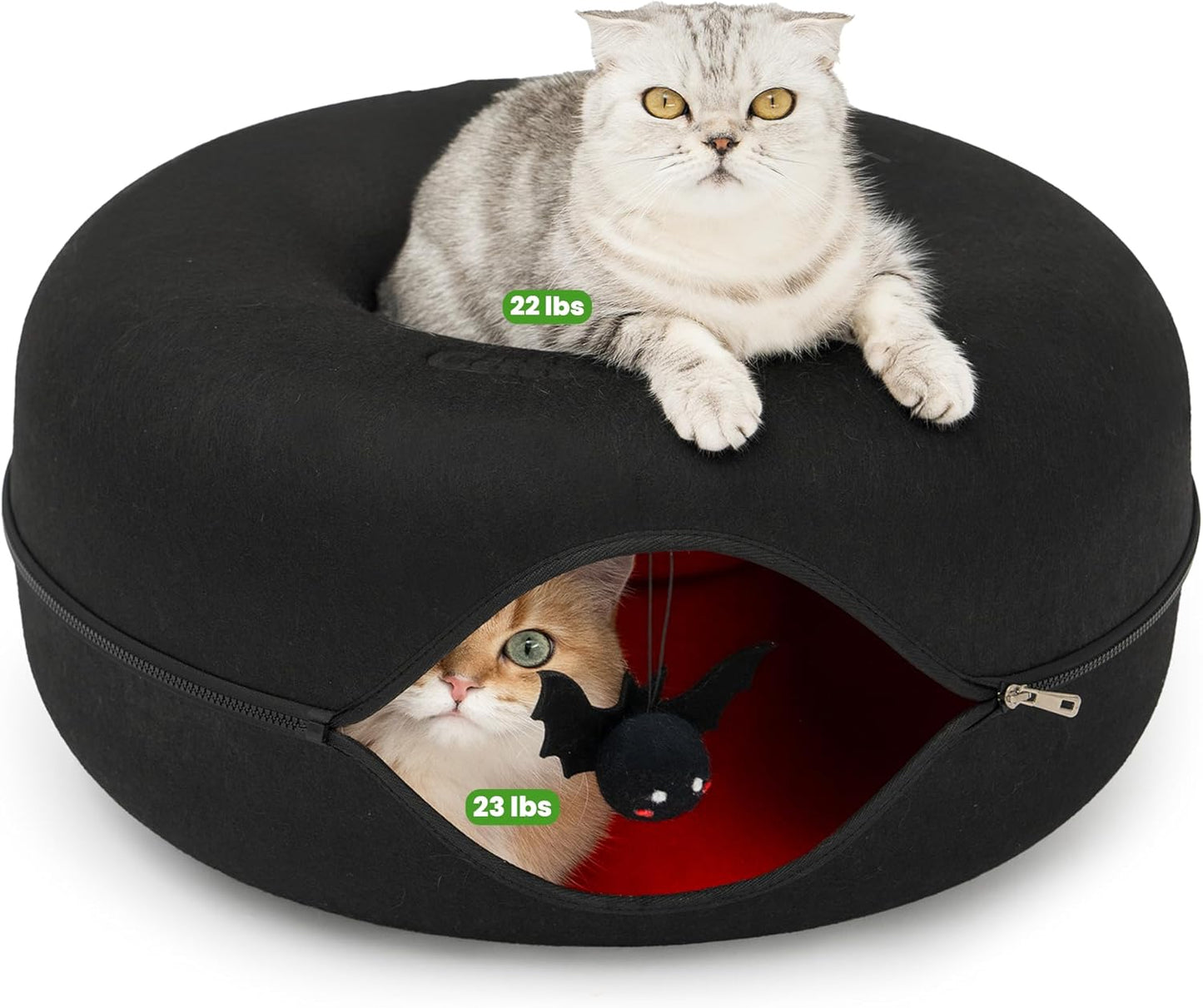 Cattasaurus Unique Gothic Peekaboo Cat Cave for Multiple & Large Cats Up to 30-45 Lbs, Scratch Detachable & Washable Tunnel Bed, Comfy Donut Cat Cave (Gothic Bat, Large)