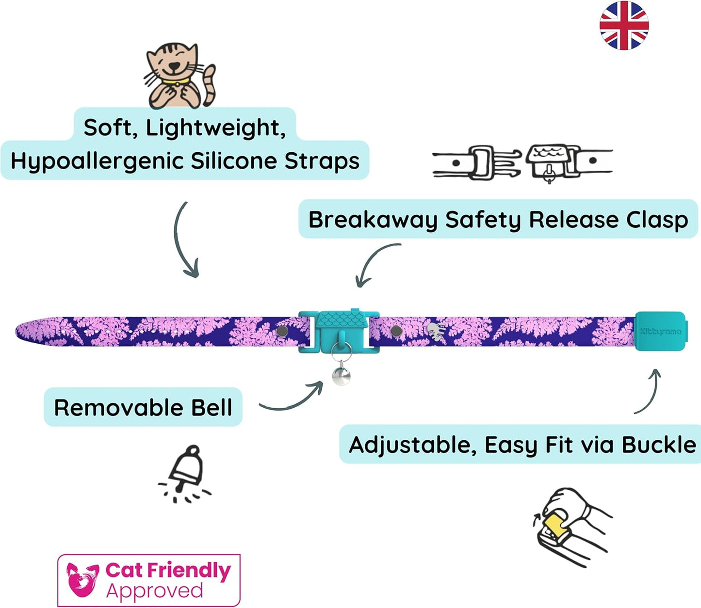 Kittyrama Botanicals Fern Cat Collar. Award Winning. Hypoallergenic, Quick Release Breakaway, Comfy & Soft. Vet Approved. Other Styles Available