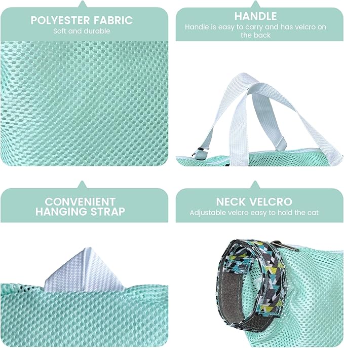 Cinf Cat Bathing Bag(Free Muzzle) Breathable Mesh Anti Scratch Adjustable Cat Grooming Bag for Nail Trimming, Bathing Soft Cat Washing Bag(Mint) L