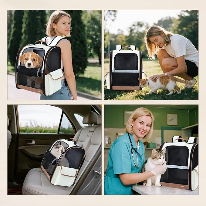Lekereise Ventilated Cat Backpack Carrier, Pet Carrier Backpack Airline Approved for Small Dogs Medium Cats Fit Up to 18 Lbs, Dogs Foldable Backpack Carrier for Travel, Hiking, Beige