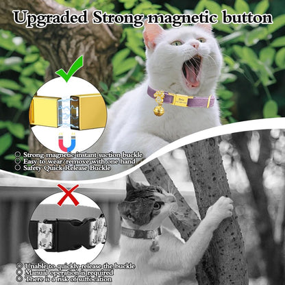 Personalized Breakaway Cat Collars - Magnetic Buckle, Bell - Safety Quick Release, Customized for Girls & Boys Cats- (Velvet-Deep Purple)