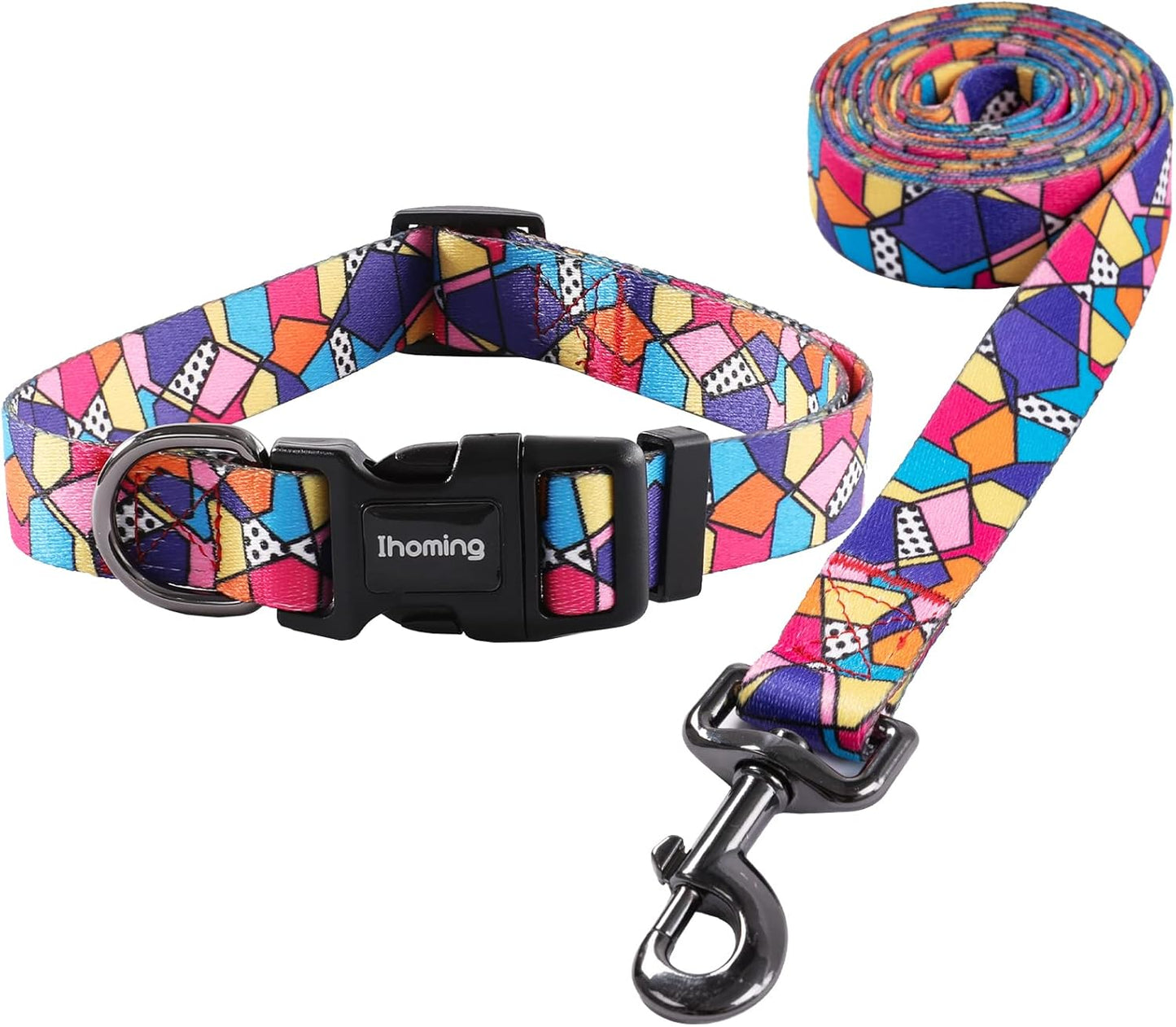 Ihoming Dog Collar and Leash Set for Daily Outdoor Walking Running Training, Geometric Design for Small Boys Girls Dogs Cats Pets, S-Up to 20LBS