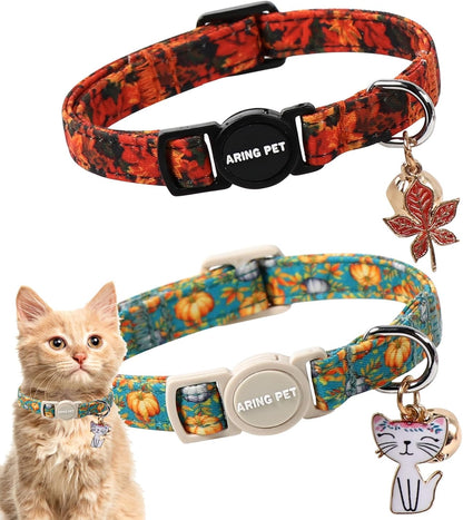 ARING PET 2 Pack Cat Collars, Breakaway Cotton Fall Halloween Kitten Collar with Bells for Girl Boy Cats Pumpkin & Autumn Leaf