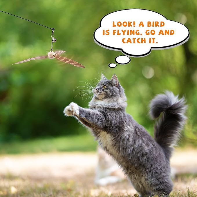 JXFUKAL Cat Wand Toys, Interactive Cat Toys with 3 Feather Refills, 29'' Flexible Steel Wire, Sturdy Wood Handle & Bell for Kitty Kitten, Cat Toys for Indoor Cats Teaser Cat String Toy