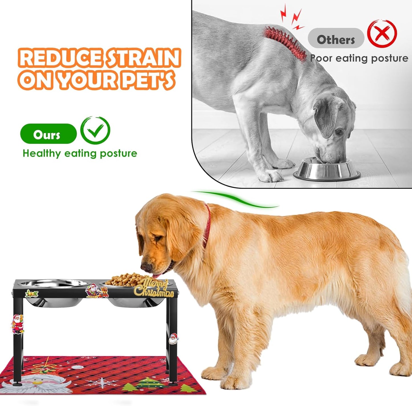 Raised Dog Bowl for Christmas, 10" Tall Elevated Dog Bowls with 2 Stainless Steel 42oz Bowls & 16x24 Non-Slip Mat, Raised Bowl Stand Gift for Dogs