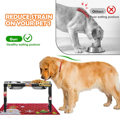 Raised Dog Bowl for Christmas, 10" Tall Elevated Dog Bowls with 2 Stainless Steel 42oz Bowls & 16x24 Non-Slip Mat, Raised Bowl Stand Gift for Dogs