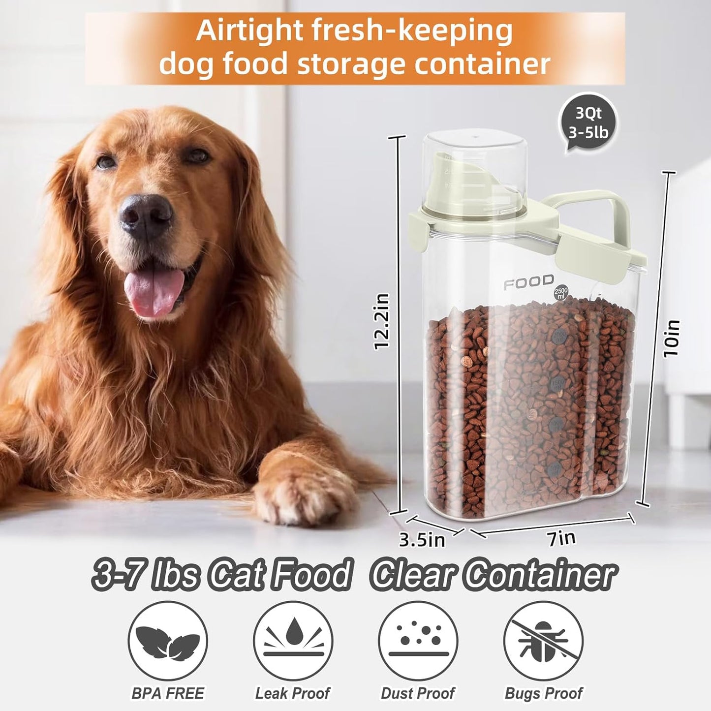 3-5 LBS Cat Dog Food Storage Container Upgraded Large Nozzle BPA-free, Plastic Pet Food Storage Containers With 4 Sealed Clasps, 1 Measuring Cup and With Folding Bowl (Beige 1Pack)
