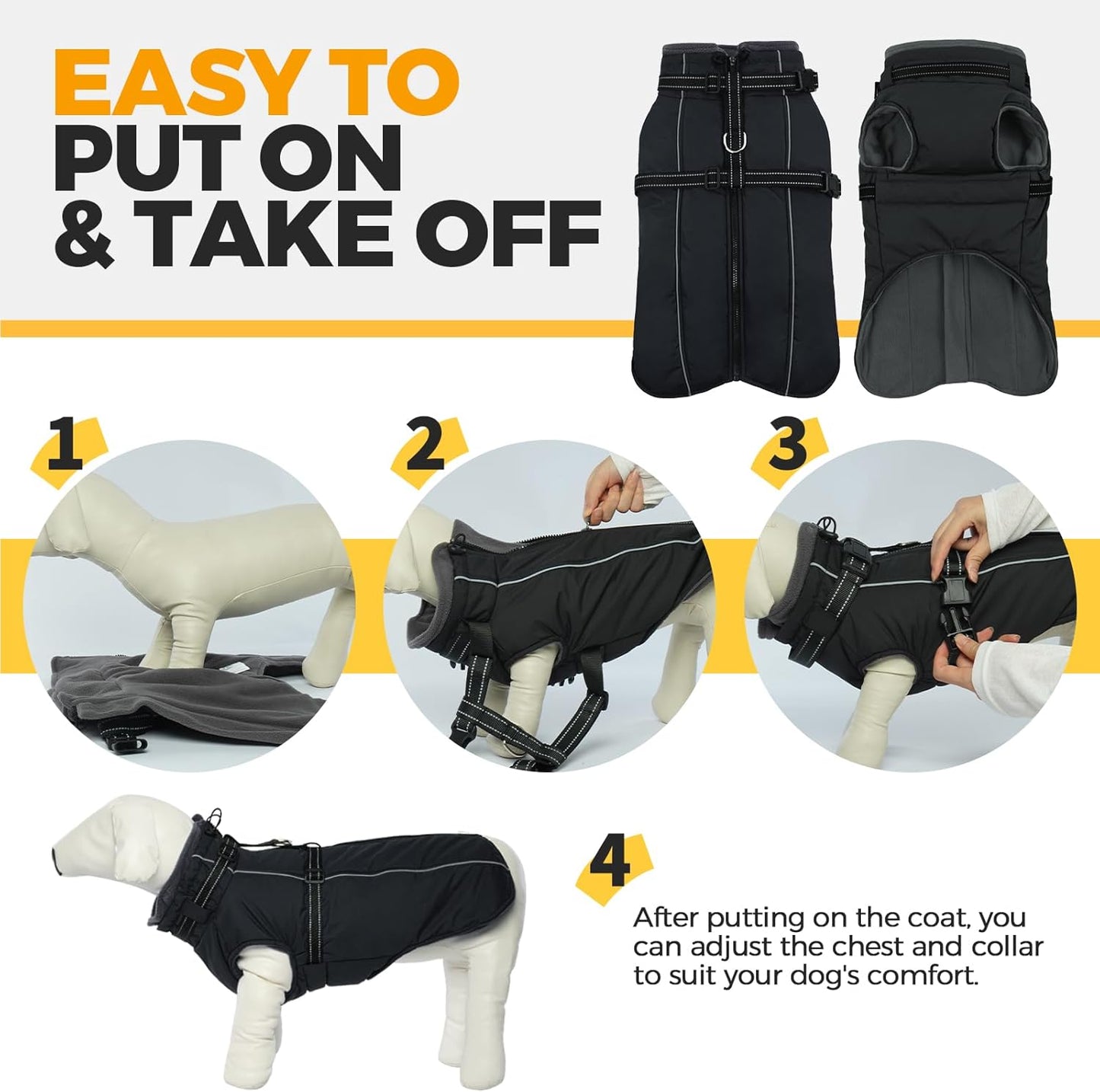 Lelepet Waterproof Dog Jacket with Harness Built in Warm Dog Winter Coat, Reflective Fleece Jacket, Dogs Coats for Lage Dogs, Thermal Turtleneck Pet Snowsuit for Cold Weather, French Bulldogs, Black L