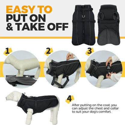 Lelepet Waterproof Dog Jacket with Harness Built in Warm Dog Winter Coat, Reflective Fleece Jacket, Dogs Coats for Lage Dogs, Thermal Turtleneck Pet Snowsuit for Cold Weather, French Bulldogs, Black L