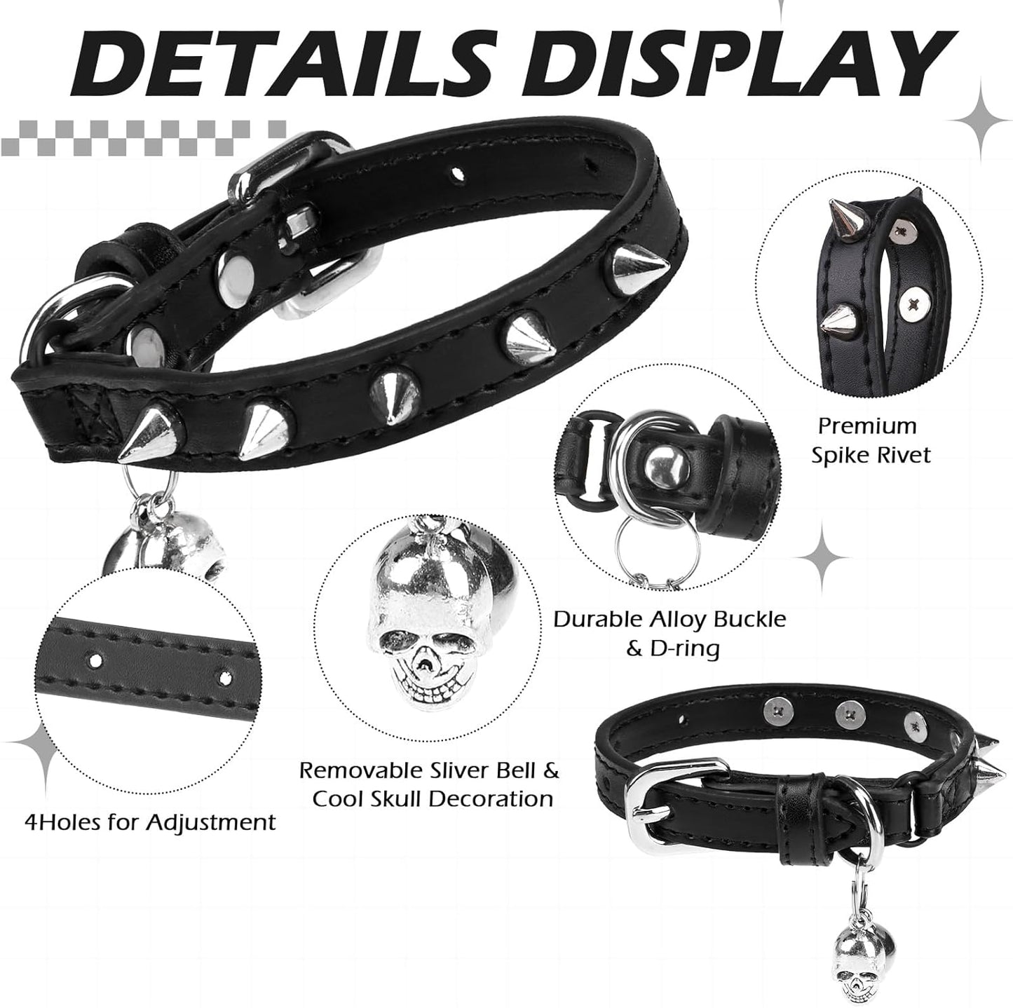 EXPAWLORER Leather Cat Collar for Girl Boy- Adjustable Pet Collar with Safety Elastic Belt,Personalized Punk Accessories Buckle Collars with Bell & Durable D-Ring,Pure Rivets(Black)