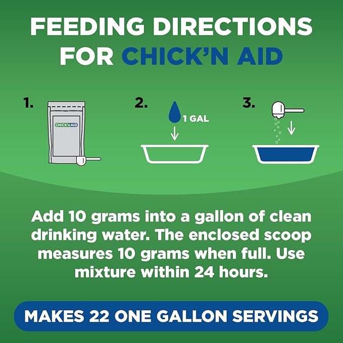 Chick’n Aid Chicken Supplement for All Ages (8 oz, Pack of 1) - Chicken Vitamins, Electrolytes, and Probiotics - Multipurpose Poultry Vitamins for Chickens, Ducks, and Turkeys