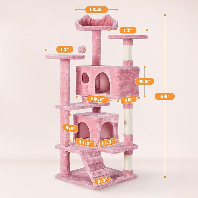 Yaheetech 54in Cat Tree Tower, Multi-Level Cat Tree for Indoor Cats with Scratching Posts, Dangling Balls Cat Play House, Pink