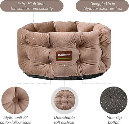 ClevaHome Deep Nest Cat Bed for Small Pets up to 15lbs - Round Cat Beds for Indoor Cats, Luxurious Velvet Feel, Extra High Sides, Machine Washable Comfort Pet Bed with Non-Slip Bottom (Warm Beige)
