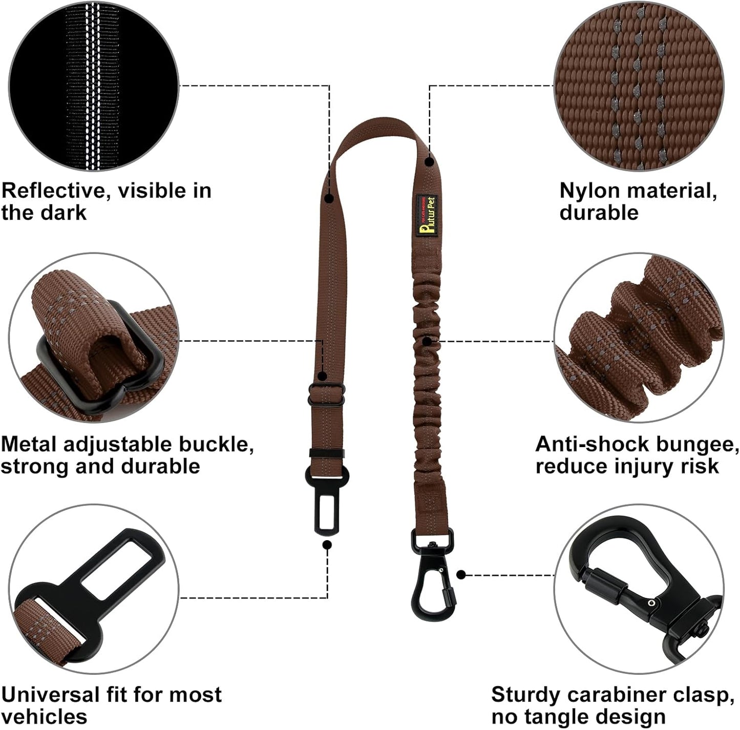 Plutus Pet Dog Seat Belt for Car, Adjustable Dog Car Harness with Carabiner Clip, Reflective Safety Dog Seatbelt Leash with Elastic Bungee, Chocolate
