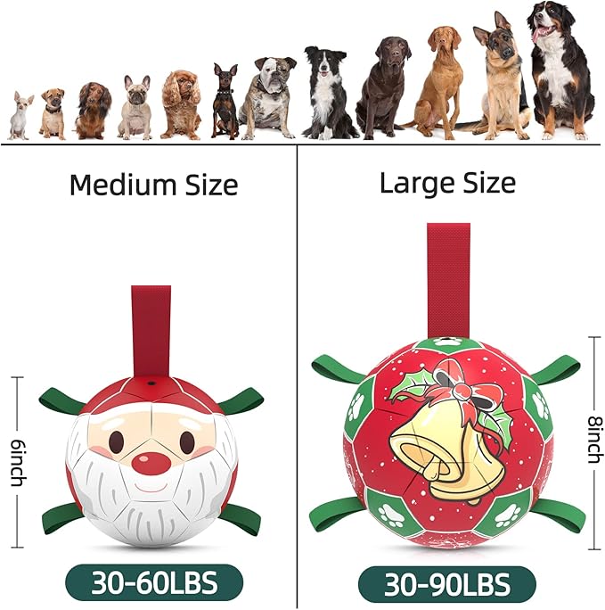 QDAN Christmas Dog Balls with Straps, Soccer Ball for Dogs for Small Medium Breed, Tug Toys for Dog Birthday, 6" Outdoor Dog Toys for Fun