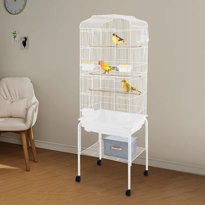 Extra Large Bird Cage, 54" Rolling Breeding Flight Bird Cages w/ 360° Wheels, Open Play Top Bird Cage with Detechable Stand for Parrots, Caiques, Macaw (White)
