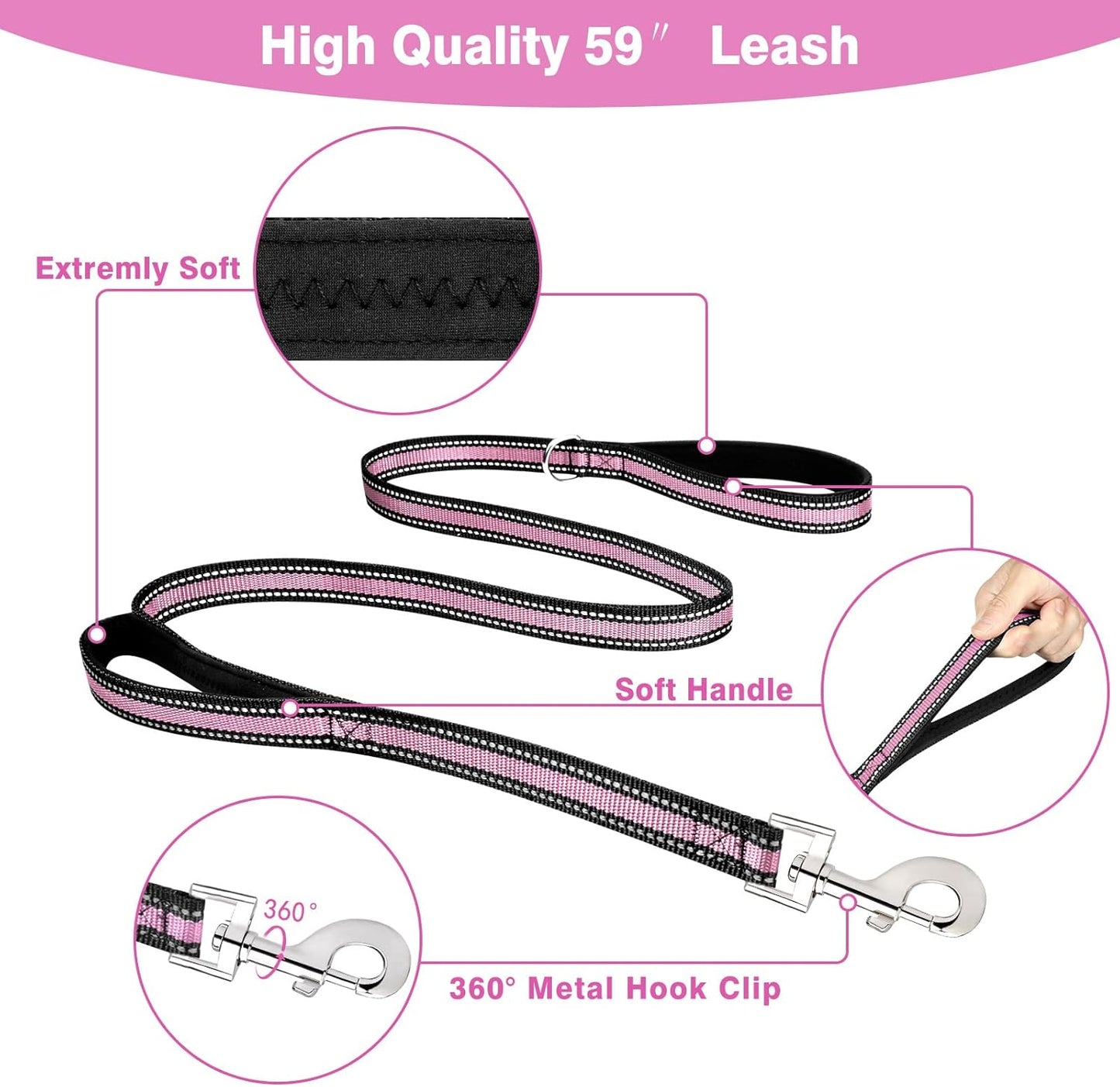 WINSEE Pet Harness Collar and Leash Set, All-in-one Reflective Dog Harness No Pull with Adjustable Buckles for Puppies, Small, Medium, Large, and Extra-Large Dogs (Medium, Pink)