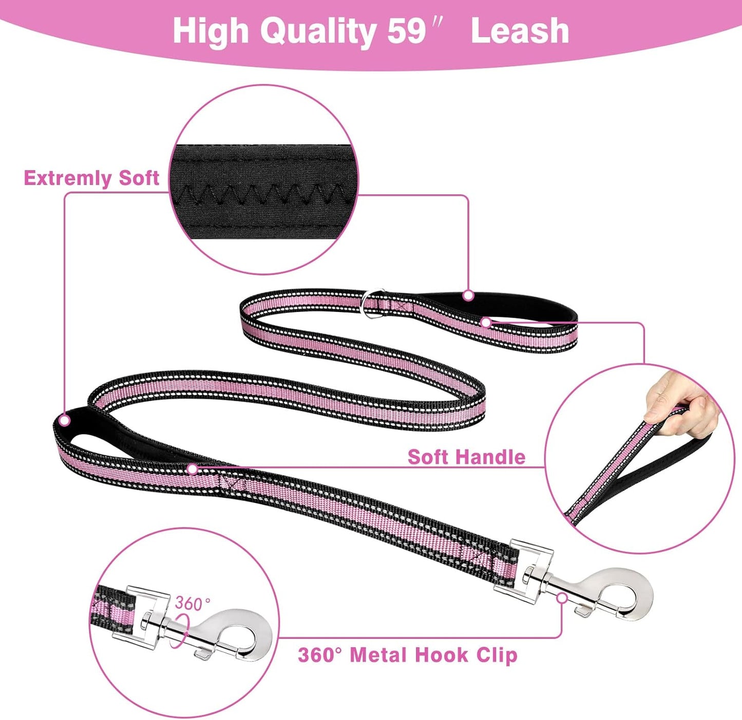 WINSEE Pet Harness Collar and Leash Set, All-in-one Reflective Dog Harness No Pull with Adjustable Buckles for Puppies, Small, Medium, Large, and Extra-Large Dogs (X-Large, Pink)