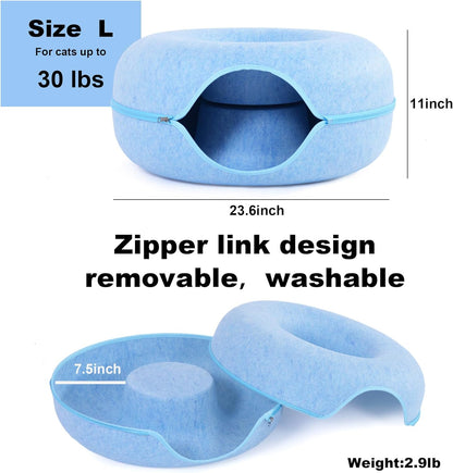 Large Cat Tunnel Bed for Indoor Cats with 3 Toys, Scratch Resistant Donut Cat Bed, Up to 30 Lbs (L 24x24x11, Blue)