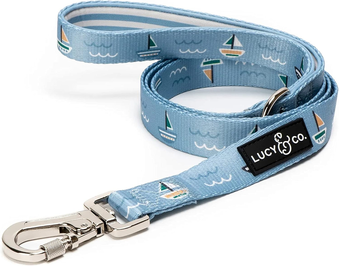 Lucy & Co. 5 Foot Dog Leash - Best Designer Dog Leash - Blue & White Stripes & Sailboats, Large