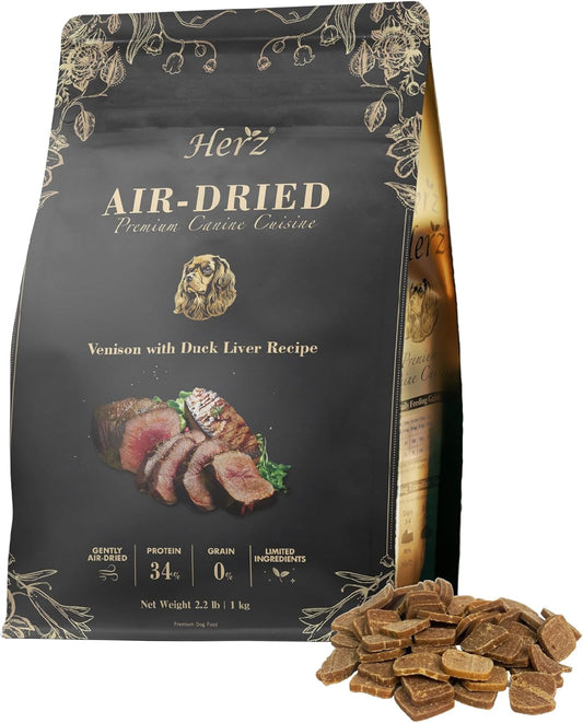 Herz Air-Dried Dog Food Venison & Duck Liver Recipe 2.2 lb, All-Natural, High-Protein, Grain-Free, Limited Ingredients, Complete & Balanced, Premium Canine Cuisine