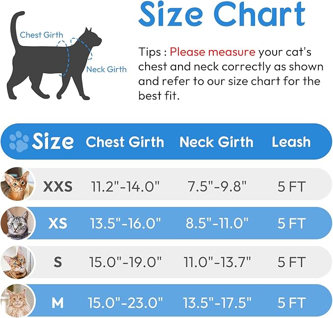 Dooradar Cat Harness and Leash Set, Escape Proof Safe Adjustable Kitten Vest Harnesses for Walking, Easy Control Soft Breathable Mesh Jacket with Reflective Strips for Cats,Light Blue, XS