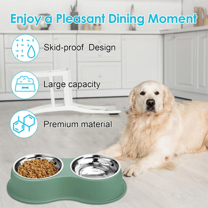 Dog Bowls Large Double Dog Water and Food Bowls Stainless Steel Bowls with Non-Slip Resin Station, Pet Feeder Bowls Food Dish for Small Medium Large Dogs Cats