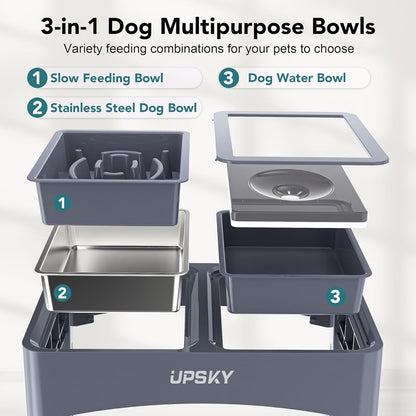 UPSKY 3-in-1 Elevated Dog Bowls Slow Feeder, Adjustable Stand, Stainless Steel Food & No Spill Pet Water Bowl for Small Medium Dogs, Blue