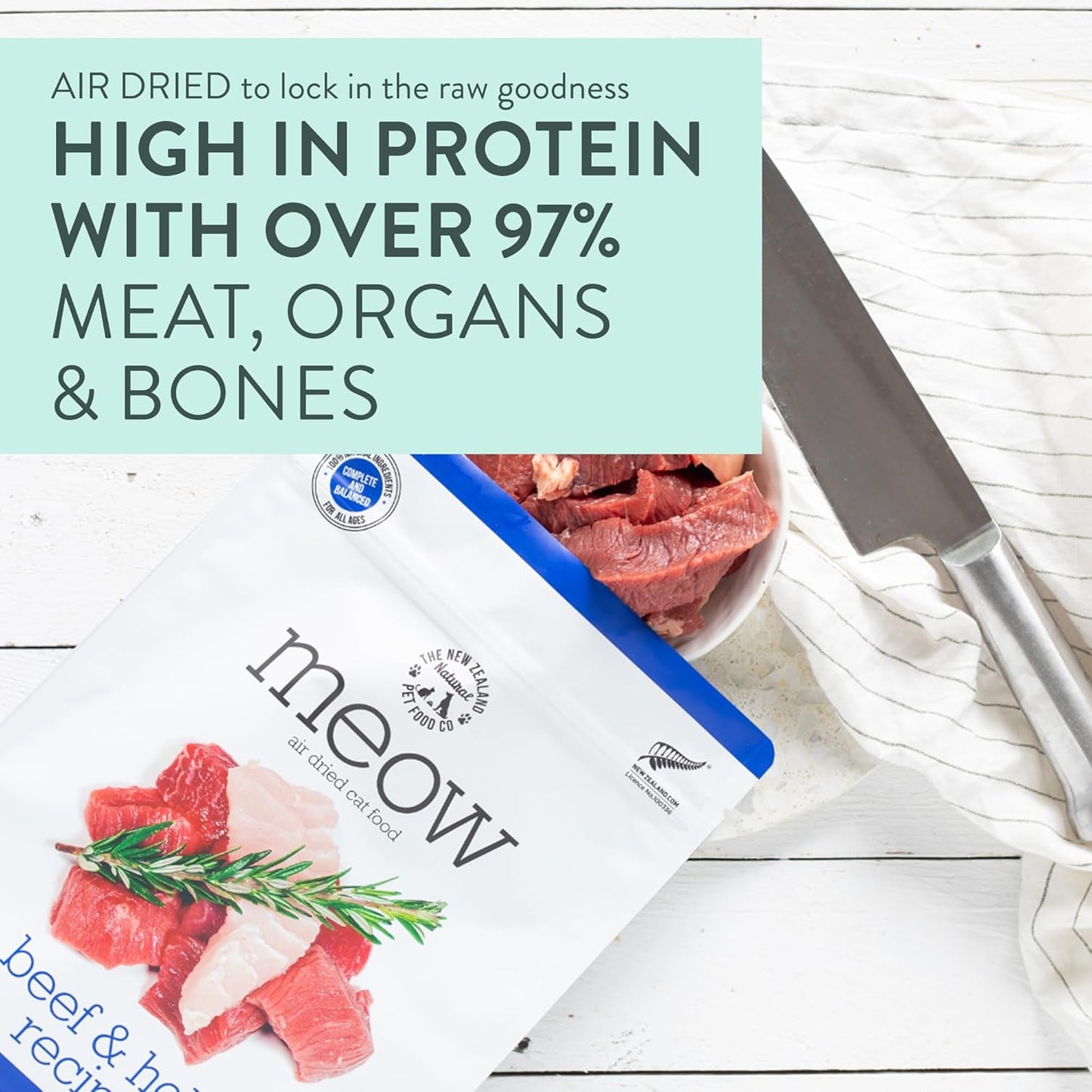 The New Zealand Natural Pet Food Co Meow Air Dried Cat Food - Beef & Hoki Recipe,High Protein Dry Cat Food, Training Treats, Meals & Toppers,3.5oz