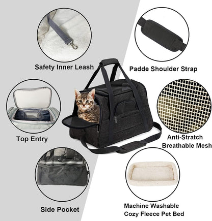 kathson Rabbit Travel Carrier Bag Airline Approved Pet Pocket Breathable Mesh Window Portable Hand Bag with Locking Safety Zippers for Small Dogs Cats Bunnies and Small Animals (Black)