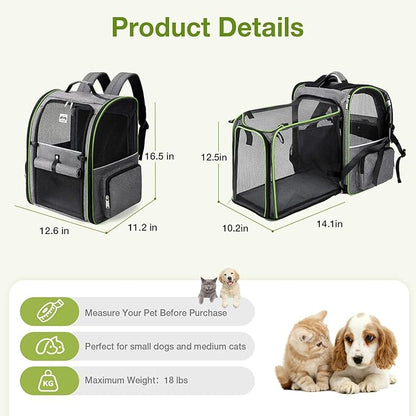 Lekebobor Large Cat Backpack Carrier Expandable Pet Carrier Backpack for Small Dogs Medium Cats Fit Up to 18 Lbs,Dogs Foldable Puppy Backpack Carrier for Travel, Hiking,Grey with Green Edge, XL