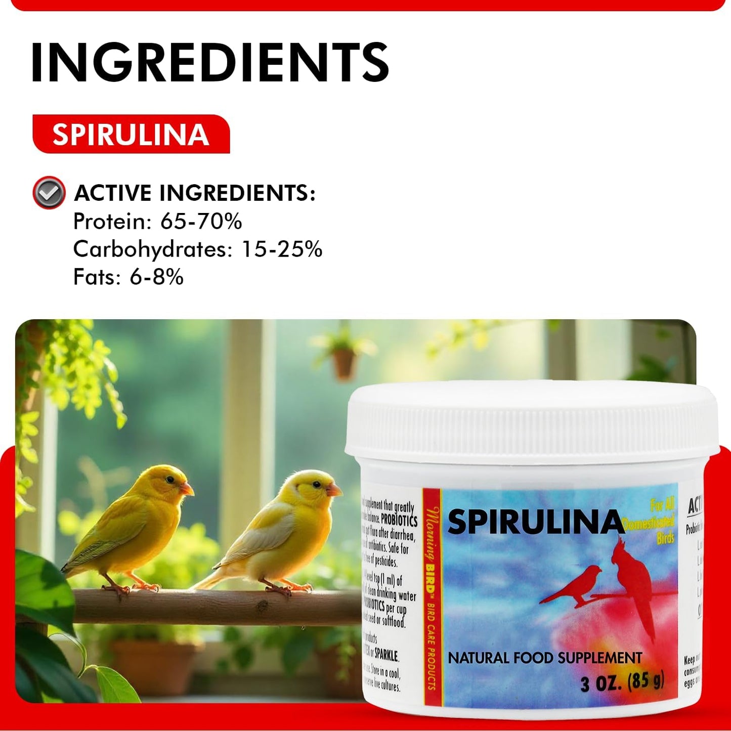 Morning Bird Spirulina, Supplement for Caged Birds, Organic Bird Food Supplement with Vitamins, Proteins, and Amino Acids for Parakeets, Cockatiels, Budgies, Finches, Canaries, and Parrots, 3 oz