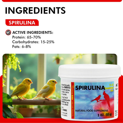 Morning Bird Spirulina, Supplement for Caged Birds, Organic Bird Food Supplement with Vitamins, Proteins, and Amino Acids for Parakeets, Cockatiels, Budgies, Finches, Canaries, and Parrots, 3 oz