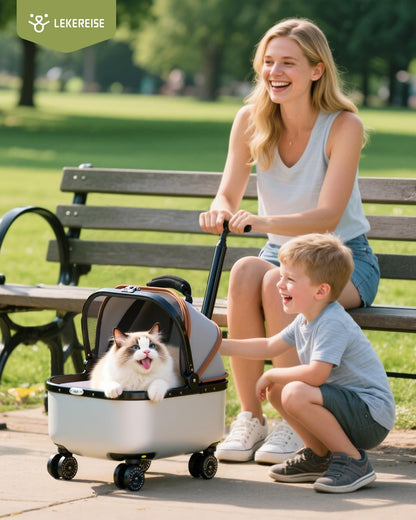 Lekereise Cat Carrier with Wheels (Gray), 180° Wide Open Rolling Cat Carrier for Road Trips, Car Trunk-Fit & Stable Base for Long-Distance Travel, Portable Pet Carrier for Cats Up to 15 lbs